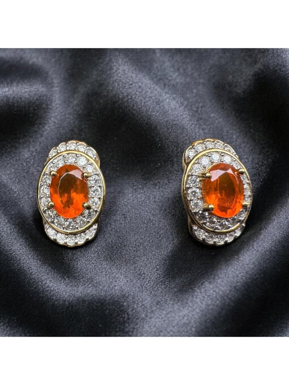 Designer 14K Gold Fire Opal & Halo Diamond Earrings 1.76cttw Mexican Fire Opals